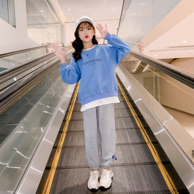 女童套装春秋季2023新款韩版大童时髦小女孩假两件卫衣休闲两件套