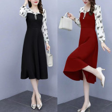 批发胖妹妹2025早秋新款长袖<b class='q'>大码</b><b class='q'>女装</b>中长款拼接色气质知性优雅连