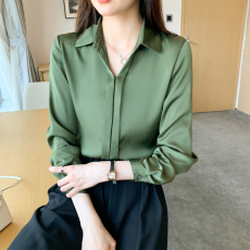 批发实拍缎面仿真丝秋季新款女装翻领纯色<b class='q'>雪纺</b><b class='q'>衫</b>上衣开衫衬衫打底衬衣