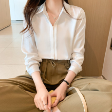 批发实拍缎面仿真丝秋季新款女装翻领纯色<b class='q'>雪纺</b><b class='q'>衫</b>上衣开衫衬衫打底衬衣
