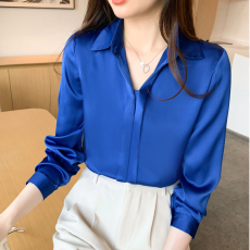 批发实拍缎面仿真丝秋季新款女装翻领纯色<b class='q'>雪纺</b><b class='q'>衫</b>上衣开衫衬衫打底衬衣