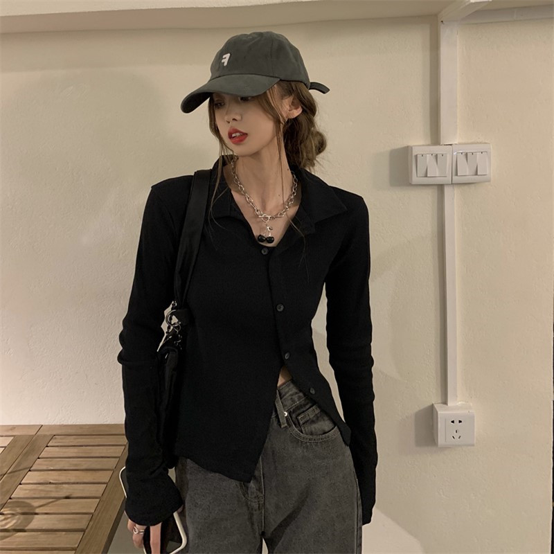 가을 의상 빅 사이즈 핫걸 몸매 가꾸기 불규칙 티셔츠 디자인 센스 작은 대중 POLO 칼라 맨위