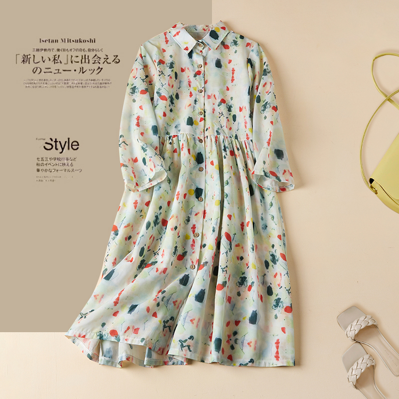 실사 봄 드레스 9부 소매 레트로 꽃무늬 드레스 여성 품격 셔츠 칼라 중간 길이 빅 사이즈 치마