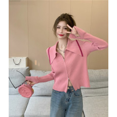 批发实拍 大码女装春秋胖mm娃娃领针织衫撞色女短款开衫<b class='q'>毛衣</b>外套