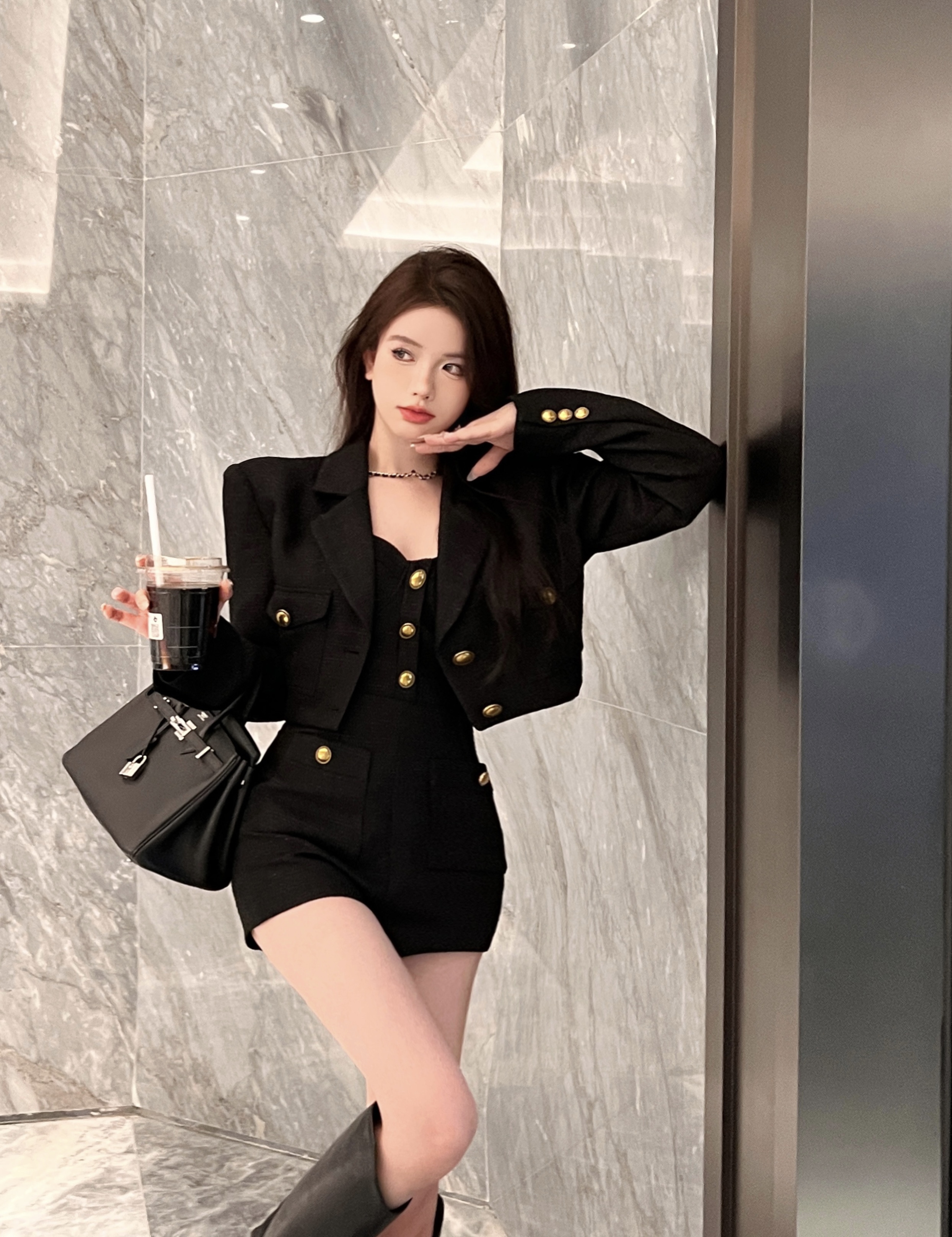 Current Price Hepburn Overture High Quality Woven Heavy Industry Black Gold Jumpsuit/Top/Shorts Suit for Women