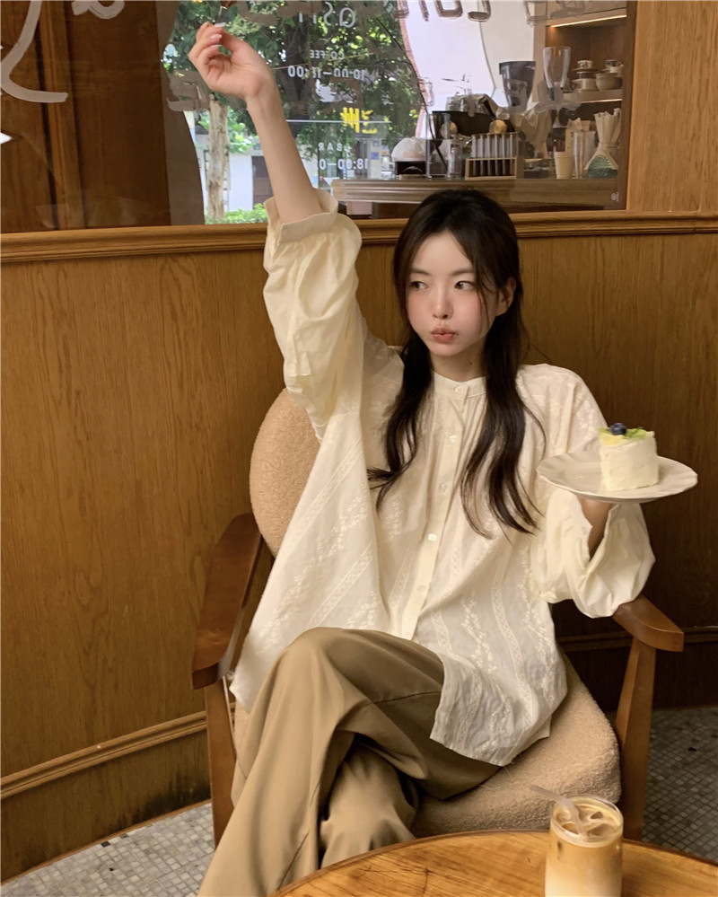 实拍实价 复古法式衬衣设计感小众蕾丝刺绣衬衫