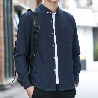 秋季男长袖衬衫纯色韩版修身潮流商务职业免烫口袋青年衬衣