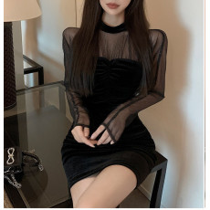 批发实拍爆款秋季新款女装<b class='q'>性感</b>女人味网纱透视长袖拼接包臀丝绒连衣裙