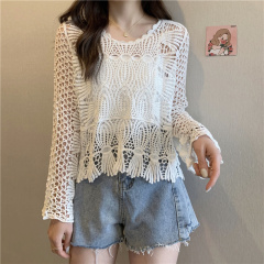New Korean Style Western Style Hollow Bell Sleeves Loose and Versatile Lace Blouse Tops for Women