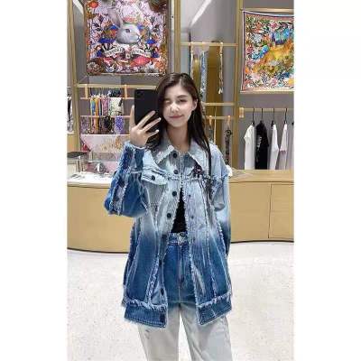 潮牌时尚设计感毛边夹克牛仔外套女高端渐变色独特别致新款上衣潮