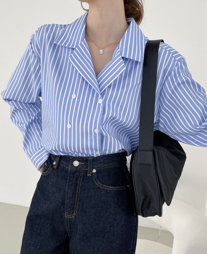 Size has been updated chic early spring French versatile simple temperament suit collar double-breasted striped shirt top