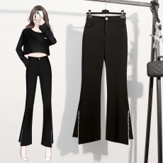 批发实拍大码胖妹妹2026秋季新款垂感手工钉珠韩版高腰开叉微喇休闲裤