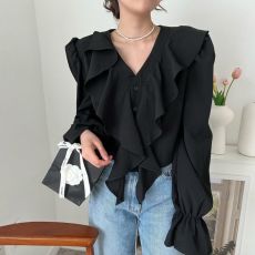 批发chic韩国秋季法式气质V领荷叶边喇叭袖设计感<b class='q'>百搭</b>设计感衬衫上衣