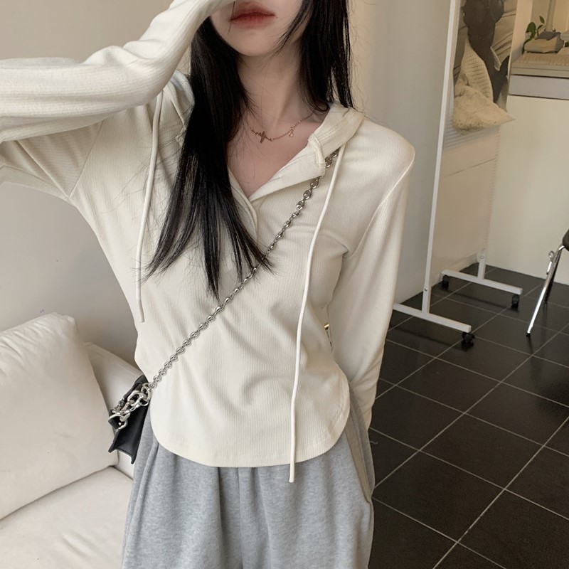 MY14516# 大码白色连帽t恤女新款设计感小众修身显瘦鱼骨卫衣长袖上衣...