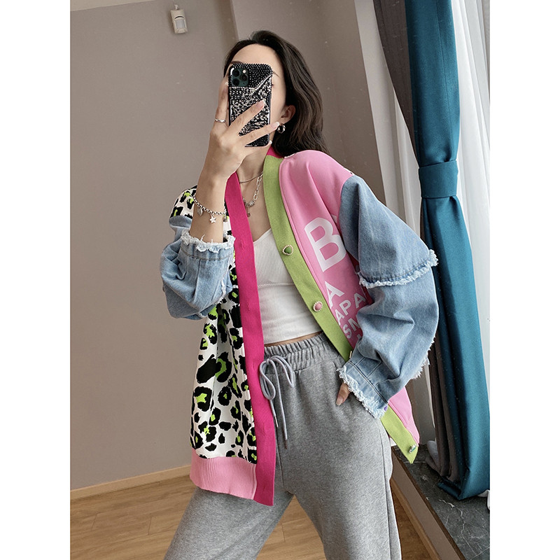 Fashionable leopard print knitted jacket autumn  new style spliced ​​denim short top for women European goods trendy European station