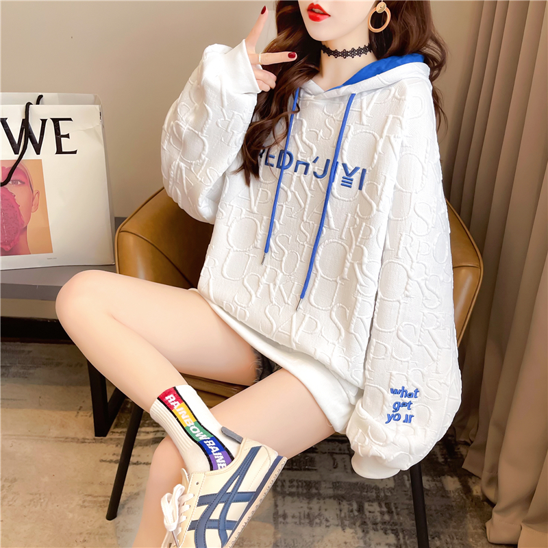Real shot 2024 spring Korean style hooded waffle loose letter print large size women's thin sweatshirt for women