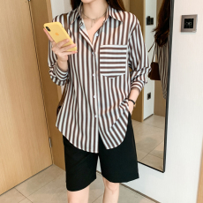 批发实拍洋气秋季新款女装翻领条纹<b class='q'>雪纺</b><b class='q'>衫</b>上衣开衫衬衫打底衫衬衣