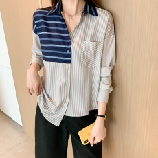 批发实拍洋气秋季新款女装翻领撞色条纹<b class='q'>雪纺</b><b class='q'>衫</b>上衣开衫衬衫打底衫衬衣