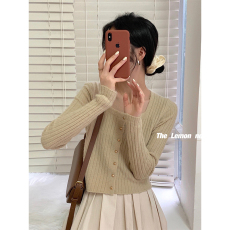 批发早秋新款坑<b class='q'>条纹</b>针织开衫女修身显瘦打底短款毛衣裙子吊带外搭上衣