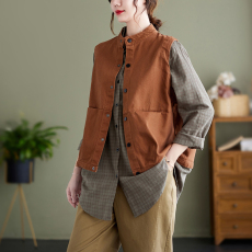 批发实拍秋季新款复古斜纹全棉马甲宽松短款无袖开衫上衣气质马夹外套