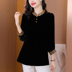 批发宽松复古丝绒上衣女 新款时尚拼接立领长袖洋气<b class='q'>真丝</b><b class='q'>衬衫</b>
