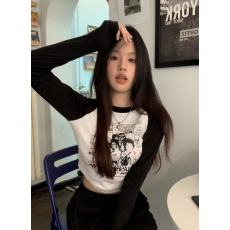 批发已出货 95棉 辣妹修身T恤女长袖撞色短款打底衫内搭紧身上衣