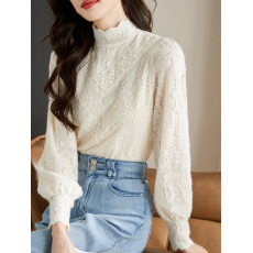 批发法式米杏色雪纺蕾丝衫女春季2026年新款淑女花边小立领上衣