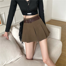 实拍实价 新款高腰加厚百褶半身裙女纯色a字百搭短裙带皮带