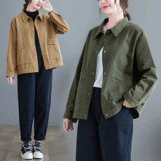 批发实拍水洗棉布纯色工装短款<b class='q'>外套</b>女士春季新款通勤简约<b class='q'>大码</b>休闲上衣