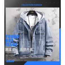 批发假两件牛仔外套男春秋季潮牌设计感夹克港风潮流帅气百搭连帽上衣