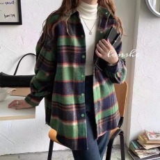 批发韩版秋冬磨毛呢子格子衬衫原宿风宽松懒惰休闲百搭衬衣外套女