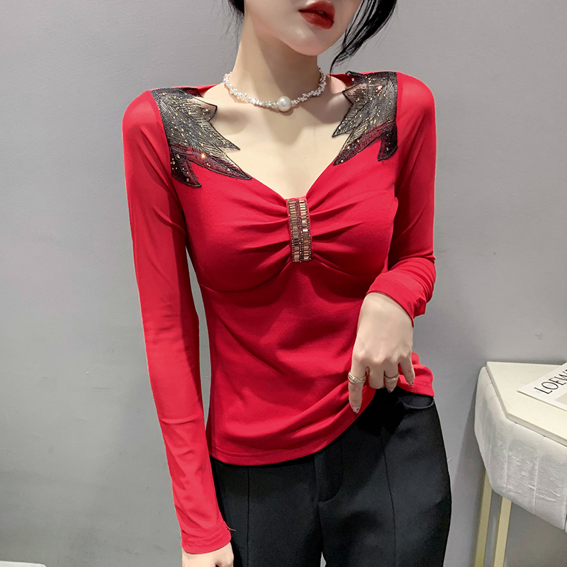 실사 가을 켜기 새로운 오리지널 디자인 새로운 V넥 망사 핫픽스 작은 셔츠 여성 셔츠 긴팔 만나는 질량 재고 있음