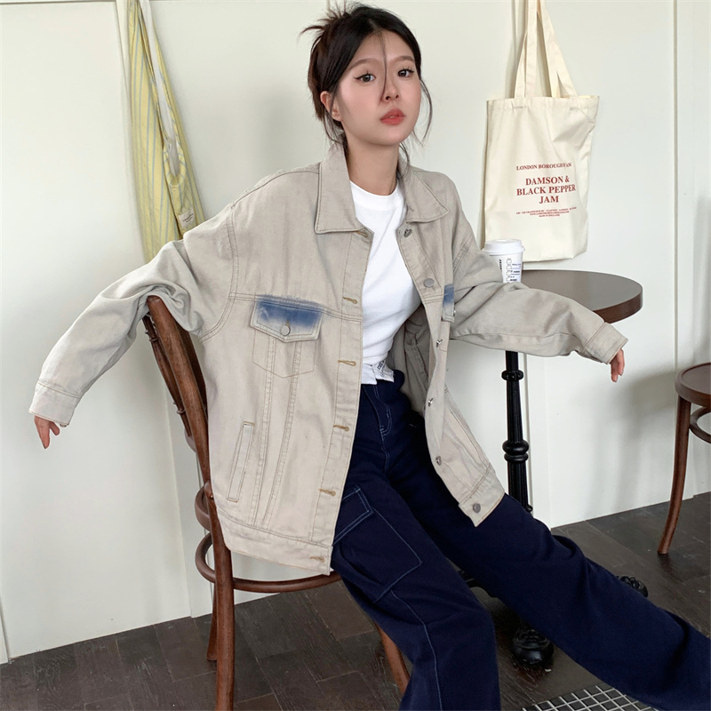 실사 정가 데님 재킷 물 쌀 씻기 살구 색상 남녀 조수 브랜드 ins 아메리칸 레트로 커플 캐주얼 재킷