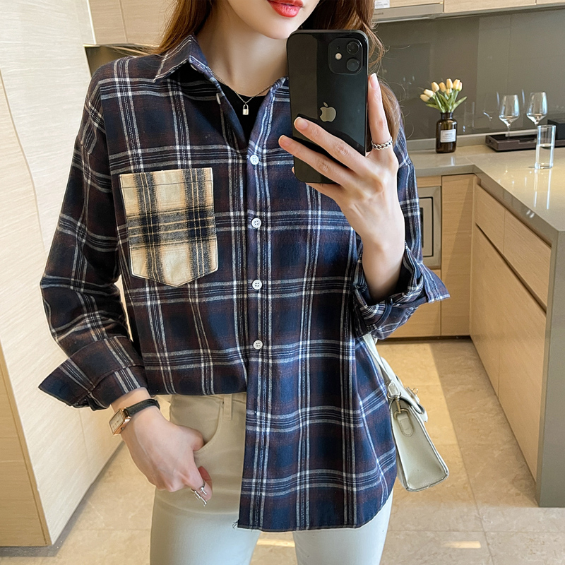 MY17203# 洋气新款女装翻领拼接格子雪纺衫上衣开衫衬衫打底衫衬衣女裝...