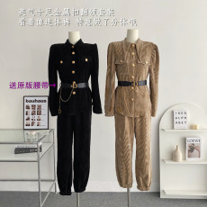 欧货加厚丝绒套装女2023冬时尚尖领配腰带衬衣+束脚哈伦裤两件套