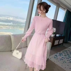 批发针织<b class='q'>连衣裙</b>女装秋冬新中长款网纱收腰显瘦气质半高领打底毛衣裙子