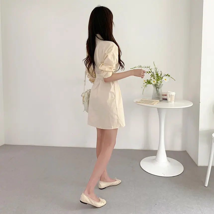 한국풍 오피스 스타일 끈 장식 셔츠 원피스 상세 이미지 5