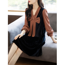 批发限价+12+小视频2026春秋季韩版撞色减龄<b class='q'>可爱</b>蝴蝶结丝绒长袖<b class='q'>连衣裙</b>