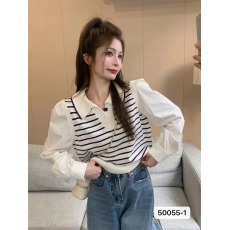 批发秋季新款 阔色冰丝条纹<b class='q'>针织衫</b>Polo衫假两件长袖短款泡泡袖上衣