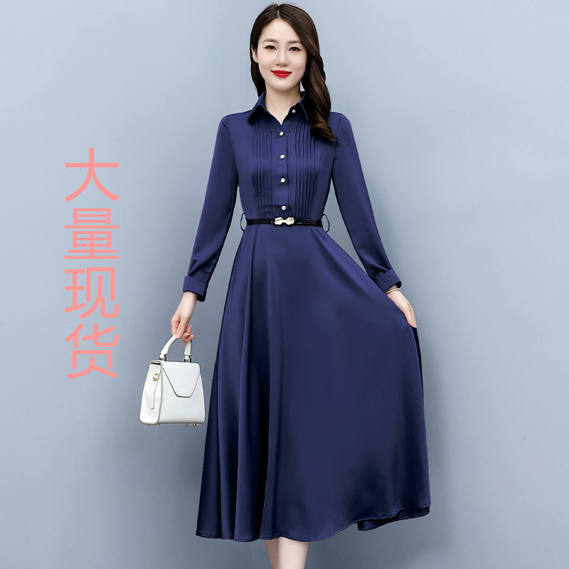 MY13608# 新款醋酸缎面长袖连衣裙气质显瘦遮肚纯色女装女裝貨源服裝批...