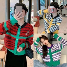 批发韩国小香风圆领拼接针织开衫女冬宽松百搭波浪纹撞色洋气<b class='q'>毛衣</b>外套