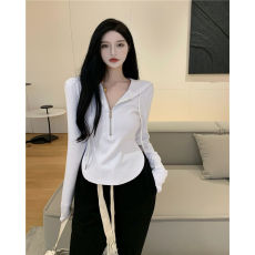 批发已出货 纯棉春秋季新款半拉链连帽长袖<b class='q'>t</b><b class='q'>恤</b>女