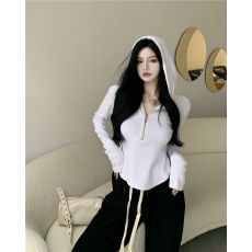 批发已出货 纯棉 春秋季新款半拉链连帽长袖<b class='q'>t</b><b class='q'>恤</b>女