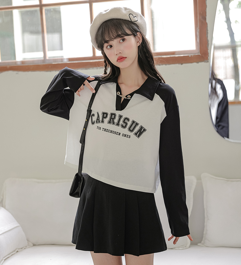 2026 년 가을 새로운 긴팔 루즈핏 쇼트 스타일 아메리칸 레트로 POLO 칼라 배색 후드티 여성 셔츠