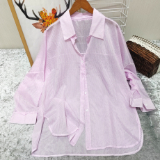 批发实拍韩版春夏条纹衬衫懒惰风<b class='q'>大码</b>宽松经典开叉衬衣防晒衣外套女