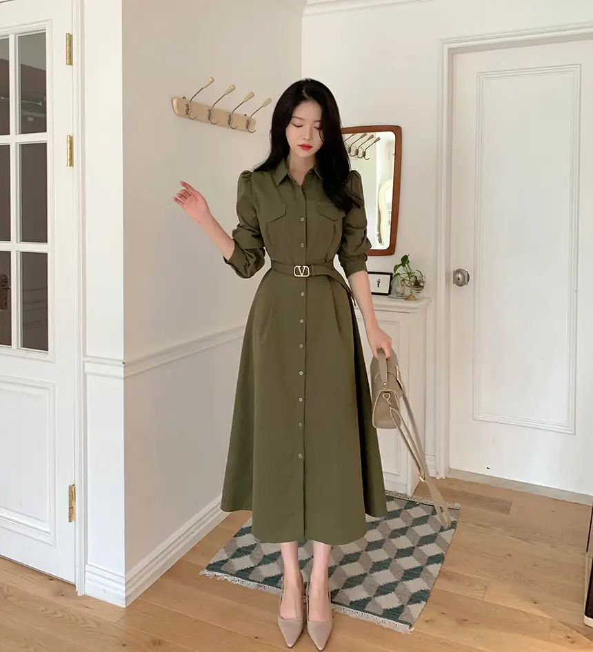 한국식 시크한 가을겨울 프렌치 무드 끈 리본 허리 조임 원피스 상세 이미지 1