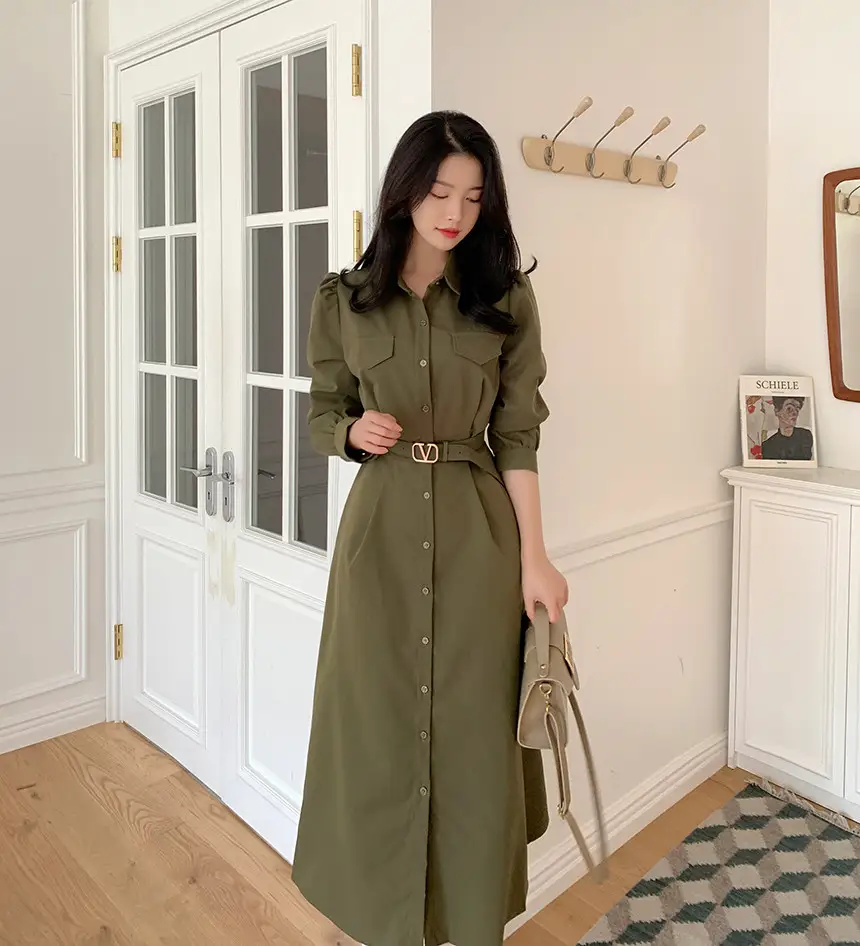 한국식 시크한 가을겨울 프렌치 무드 끈 리본 허리 조임 원피스 상세 이미지 5