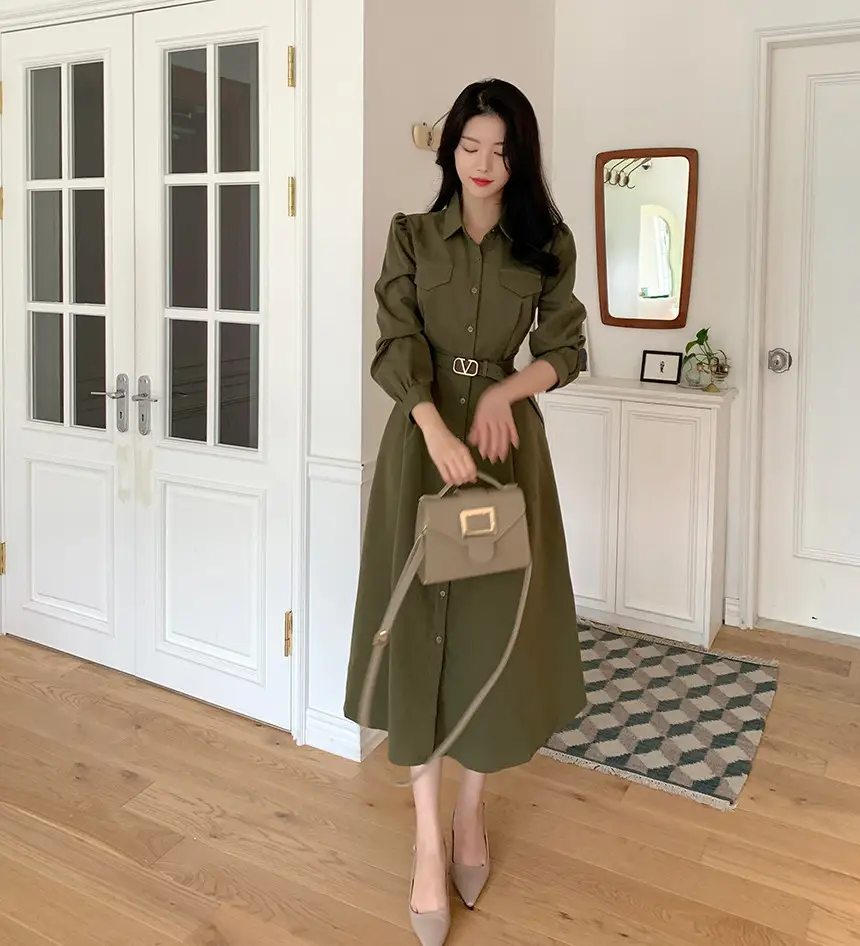 한국식 시크한 가을겨울 프렌치 무드 끈 리본 허리 조임 원피스 상세 이미지 7