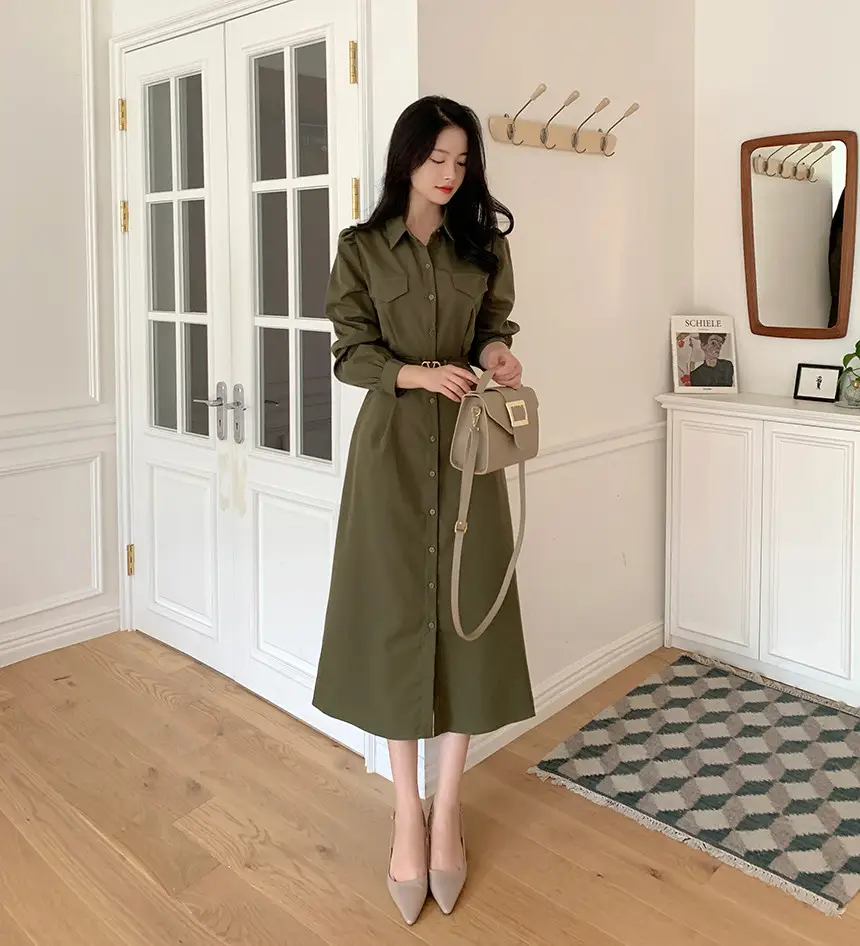 한국식 시크한 가을겨울 프렌치 무드 끈 리본 허리 조임 원피스 상세 이미지 8