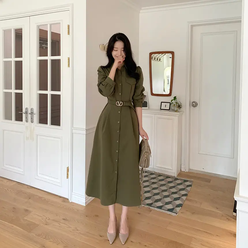 한국식 시크한 가을겨울 프렌치 무드 끈 리본 허리 조임 원피스 상세 이미지 14